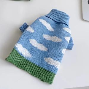 TEMU 소형견용 하늘색 & 흰 구름 터틀넥 스웨터 - 비숑, 닥스훈트, 슈나우저, 요크셔 테리어를 위한 포근한 겨울 풀오버 - 가을 & 겨울용 기계 세탁 가능한 강아지 스웨터 (풀온 스타일, 지퍼/후크 없음)