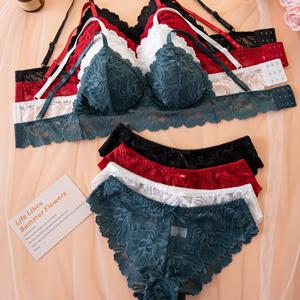 TEMU 섹시한 패션 레이스 여성 속옷 4피스 세트, 와이어프리 푸시업 백리스 얇은 컵 브라 세트와 캐미솔 및 바디 셰이퍼