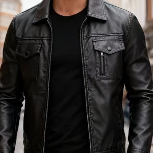 TEMU 남성용 슬림핏 PU 가죽 봄버 재킷 - 블랙, 소프트 스탠드 칼라 & 더블 지퍼 프론트, 세탁 가능한 보온 안감, 캐주얼 아우터웨어, 또는 스타일 (레귤러 핏)