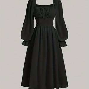 TEMU 빈티지 A라인 벨 슬리브 스모크 드레스 - 스퀘어 넥 솔리드 컬러 미디 길이 드레스, 봄/가을용, 세탁기 사용 가능한 웨딩 게스트 가운, 캐주얼 & 세미포멀 웨어