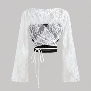 TEMU 우아한 여성용 컬러 블록 딥 V넥 긴팔 티셔츠, 브런치룩에 완벽, 마녀 스타일 의류, 좀비 신부. 할로윈용