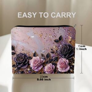 TEMU 1개 양면 화장품 파우치, 8.66인치*5.9인치, 폴리에스터 소재, 우아한 장미 & 골드 스팟 디자인, 럭셔리 메이크업 정리함, 여행 및 일상 사용에 이상적, 스타일리시 화장품 파우치