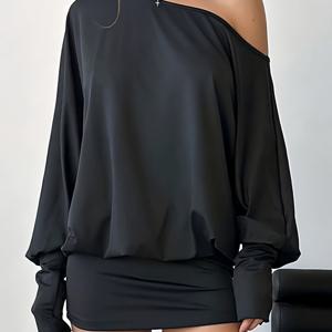 TEMU YY1029190 여성 오프숄더 섹시 긴팔 핏 미니 드레스, 뮤직 페스티벌을 위한 스트리트웨어 스타일, 데이트 및 캐주얼 외출에 적합한 여름 여성 드레스