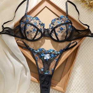 TEMU 데이 란제리 세트, 블랙 & 블루 플로럴 자수 여성 속옷 세트, 반투명 언더와이어 브라 & 팬티 2피스 세트, 여성 브라 & 팬티 세트, 퓨어 러스트 스타일, 미디엄 서포트, 웨딩 란제리, 파티, 데이트, 선물용