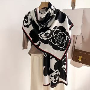 TEMU 여성용 라지 스카프 - 베이지/블랙, 우아한 넥 랩, 숄, 헤드스카프 - 정장 및 캐주얼웨어용 부드러운 원단, 기계 세탁 가능한 패션 액세서리, 활용도 높은 목 장식, 기하학 패턴 디자인, 섬세한 프린트