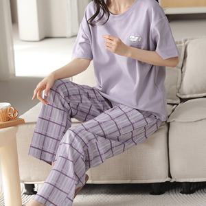 TEMU 여성용 캐주얼 잠옷 세트 (보라색, 슬로건 및 강아지 프린트) - 라운드넥 반팔 상의 및 탄성 허리 롱 팬츠 - 봄, 여름에 적합 - 라운지웨어