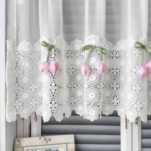 TEMU 1개 패널 화이트 시어 발란스 | 패치워크 레이스 튤립 꽃 장식이 있는 우아한 짧은 커튼, 로맨스 테마, 폴리에스터, 빛 필터링, 로드 포켓, KMSG 브랜드