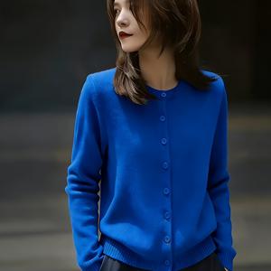 TEMU 블루 라운드넥 버튼 디자인 심플 캐주얼 긴팔 2025 가을 겨울 신상 다용도 가디건