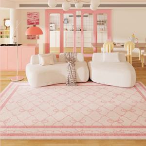 TEMU 1000G 모조 캐시미어 10mm 발렌타인데이 스타일 한국풍 INS 거실 카펫 핑크 리본 체크 패턴, 침실 장식 화장대 카펫, 라운지용 대형 워셔블 카펫, 라이트 럭셔리 플러시 현관 매트