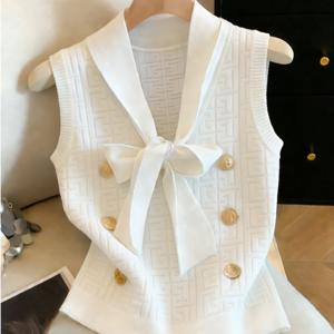 TEMU 봄, 여름용 흰색 조끼. 앞면 리본 묶음과 네이비 칼라 디자인이 특징입니다. 클래식한 더블 브레스트 사자 머리 버튼 패턴과 편안한 착용감이 있습니다.