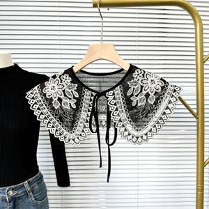 TEMU 빈티지 레이스 자수 숄 칼라, 헤비 자수 인형 칼라, 다용도 데일리 액세서리, 블랙 자수 섬세한 스트랩 숄 장식 칼라