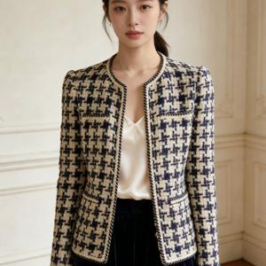 TEMU 여성 봄가을 겨울 트위드 체크 숏자켓 라운드넥 포켓 디테일 슬림핏 우아한 데이트룩 오피스룩 슬림소녀 SLIM GIRL