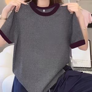 TEMU 여성용 여름 다크 그레이 & 푸시아 티셔츠 - 릴랙스 핏 반팔 블렌딩 상의, 대비 색상 디자인, 통기성 좋고 세탁기 사용 가능, 일상 캐주얼웨어, 사무실, 레이어링에 적합, 미니멀리스트가 아닌 베이직 티