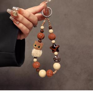 TEMU 가을 겨울용 브라운 카툰 고양이 비즈 핸드헬드 체인 손목 스트랩 짧은 랜야드 폰케이스 차 키체인 가방 펜던트