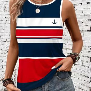 TEMU LUNE 여성용 패셔너블하고 우아한 캐주얼한 여유로운 핏의 편안한 레드, 블루, 화이트 네이비 스타일 탱크탑, 여름용