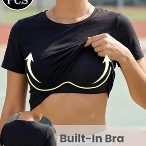 TEMU 여성용 반팔 라운드넥 티셔츠 1개, 내장형 브라 패딩 포함, 초박형, 경량, 통기성, 피부 친화적, 수면용 및 집에서 편안히 쉬는 용도로 활용 가능, 캐주얼하고 야외 활동복으로도 적합, S-XXL 사이즈 다양하게 구매 가능