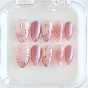 TEMU 피치 미스트 소프트 캔디 10개입 숏 아몬드 핸드메이드 웨어러블 네일, 핑크 하트 라인스톤 웨어러블 네일, 글리터 베이스 골든 하트 장식, 스위트 스타일, 데이트 파티 네일 세트