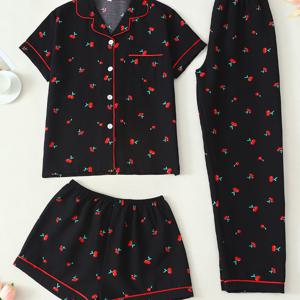 TEMU 여성용 3종 세트, 버튼넥 반팔 상의와 반바지 & 긴바지, 체리 프린트 라운지웨어 수면복 봄 여름 가을, 스위트 & 쿨 스타일, 활용도 높은 가정용/야외용 의류