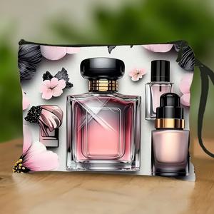 TEMU 향수병 플로럴 손목 스트랩 메이크업 가방, 핑크 앤 블랙 플로럴 디자인, 가볍고 실용적인 세면도구 가방, 립스틱 향수 화장품 보관 가방