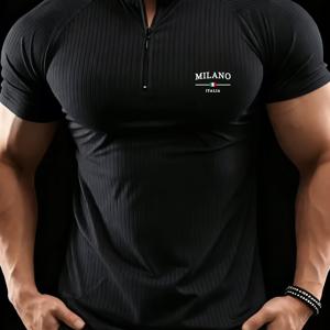 TEMU 남성용 새로운 스타일리시하고 편안한 스포츠 티셔츠, MILANO-ITALIA 프린트 하프 지퍼 소형 스탠드 칼라, 캐주얼 스타일, 선물로 완벽