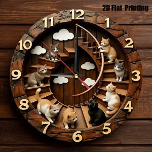 TEMU 2D 평면 인쇄, 1개, 고양이 책장 테마 나무 원형 벽시계, 농가 스타일 홈 데코, 주방, 침실, 사무실, 생일, 기념일 선물용, 읽기 쉬움, 틱 소음 없음, 배터리 미포함, 9.8X9.8인치