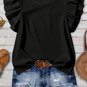 TEMU 우아한 여성용 블랙 라운드넥 이중 레이어 러플 슬리브 셔츠