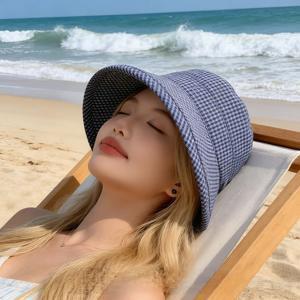 TEMU 가벼운 러플 귀여운 스타일 햇빛 가리개 여름 모자 2025년 신상 체크무늬 햇빛 가리개 휴대용 여행용 다용도 버킷햇