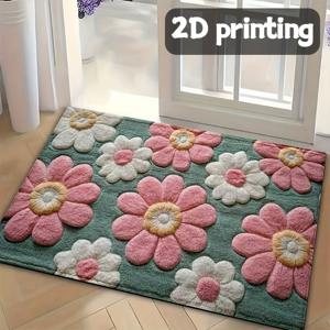 TEMU 자수 같은 패턴, 2D 평면 일체형 귀여운 핑크와 화이트 꽃무늬 프린트 부드럽고 푹신한 미끄럼 방지 매트 주방 러그, 휴일 파티 장식, 주방, 다이닝룸, 침실에 적합. 선물용으로도 좋은 완벽한 홈 데코 아이템, 2D 평면