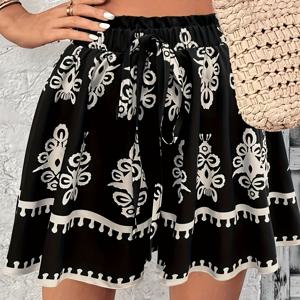 TEMU 플러스 사이즈 - 플러스 사이즈 - 확장 버전, 여성 휴가 스타일, 전체 프린트 패턴, 페이크 드로스트링 디테일 여성 플러스 사이즈 반바지