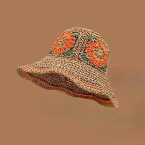 TEMU 스타일 패셔너블 핸드메이드 플로럴 스트로우 모자, 빈티지 컬러 블록 디자인과 가벼운 접이식 기능. 일상 착용, 야외 여행 또는 축제 파티에 완벽한 여성 선물