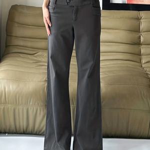 TEMU 유럽&미국 스타일 다크 그레이 로우라이즈 루즈핏 여성 정장 바지, 사계절 커뮤터 다용도 캐주얼 롱팬츠