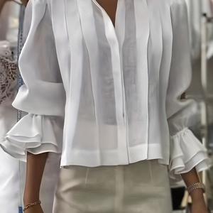 TEMU 유럽 및 미국 패션 스타일 루즈핏 주름 패치워크 플레어 소매 긴팔 셔츠, 가을 의류, 봄 트렌드, 패셔너블한 셔츠