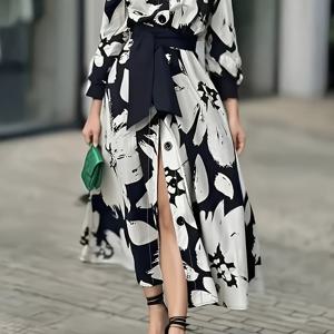 TEMU 여성용 디렉셔널 블랙 앤 화이트 플로럴 맥시 드레스 - 긴소매 A라인 포멀/시미포멀 의상, 버튼 프론트 디자인, 플레어 스커트 - 세탁기 사용 가능, 오피스, 웨딩, 파티룩