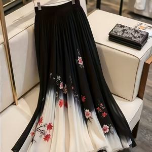 TEMU 니치 프린트와 레이어드 시폰 밑단이 있는 우아한 미디 기장 하이웨이스트 여성용 스커트, 사계절용