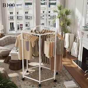 TEMU [국내발송] 회전식 육각형 옷걸이,바퀴 달린 튼튼한 메탈 옷걸이,360° 회전,바닥 설치형 이중 레이어 의류 행거, 침실, 기숙사 및 발코니용, 여러 물건의 세탁물 수납 가능, 침실 수납,발코니 정리,공간 절약형 디자인,내구성 있는 금속 프레임,아파트 생활