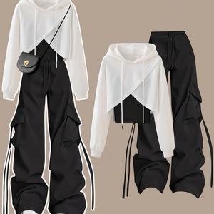 TEMU 여성 스트리트웨어 3피스 세트 Y2K 아웃핏 후드 긴팔 비정형 크로스 숏 스웨트셔츠 탑+슬링 베이직 베스트+하이웨이스트 와이드 레그 카고 팬츠 세트 하라주쿠 패션 여성 의류