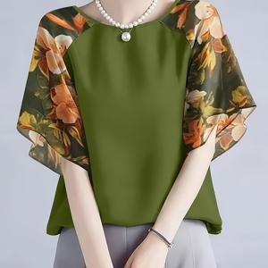 TEMU 여성용 패셔너블하고 우아한 캐주얼 슬리브 프린트 루즈핏 상의 셔츠