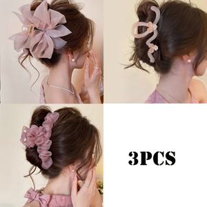TEMU 3개 세트 우아한 핑크 시리즈 리본 러플 메쉬 물결 모란꽃 헤어 집게핀, 여성용 뒷머리 업스타일 샤크 클립 세트