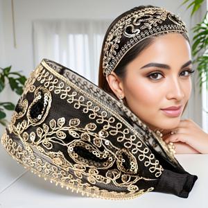 TEMU 1개 우아한 빈티지 폴리에스터 헤어밴드, 스팽글 및 플로럴 장식 - 여성용 미끄럼 방지 와이드 헤어 액세서리, , 봄/여름 시리즈, 카니발/마르디 그라/마스크 무도회