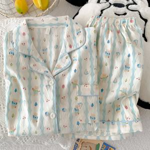 TEMU 만화 곰돌이 패턴 여성용 반팔 라펠 가디건 및 파자마 세트 여름 버튼업 상의 및 반바지, 부드럽고 편안한 캐주얼 아시아 사이즈 라운지웨어 (가정 및 야외용)