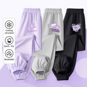 TEMU 여아용 여름 긴 바지 3개 세트, 통기성 있는 메쉬, 얇은 스타일, 속건성 시원한 착용감, 3-14세용, 꽃무늬, 헐렁하고 편안함, 약간의 신축성, 신축성 있는 허리밴드, 캐주얼하고 활용도 높은 바지, 야외 활동에 적합