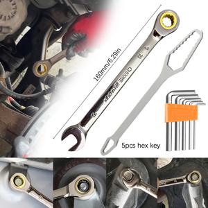 TEMU 7피스 - 도금 래칫 헤드 렌치 세트, 도금 마감, 72톱니 래칫, 크롬 바나듐 강철, 인체공학적 그립, 더블엔드 렌치 1개, 멀티펑션 렌치 1개, 헥스 렌치 5개 포함, DIY 하드웨어 도구, 수공구, 홈 수리 도구, 자동차 수리 도구