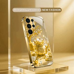 TEMU 휴대폰 케이스 - 돈나무와 행운 가방 디자인의 새로운 금도금 유리 휴대폰 케이스, 삼성 갤럭시 S26, S25 울트라, S25 플러스, S25, S24 울트라, S24 FE, S24, S23 울트라, S23, S22, A12, A13, A14, A15 등 다양한 모델과 호환