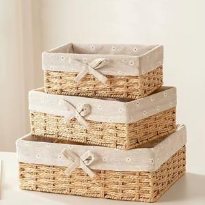 TEMU 수제 직조 종이 로프 수납 바구니 3개 세트 - 스타일 오픈 수납 상자, 거실, 욕실 및 화장실에 적합 - 장식용 리본이 있는 튼튼한 직조 디자인, 수납 바구니, 선반 바구니