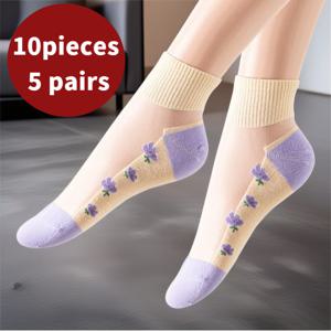 TEMU 10개입, 여름 아이스 여성용 숏 튜브 양말 5개, 유리 숏 삭스, 자수 레이스 보트 삭스, 초박형, 통기성, 미끄럼 방지