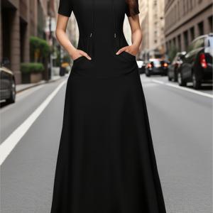 TEMU 신상 패션 여성용 반팔 후드 포켓 원색 캐주얼 엘레강스 플레어 맥시 드레스