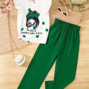 TEMU 여아용 투피스 세트. 라운드넥의 민소매 니트 티셔츠와 만화 프린트가 특징이며, 긴 바지와 함께 제공됩니다. 캐주얼한 여름 나들이 및 야외 활동을 위해 디자인되었습니다.