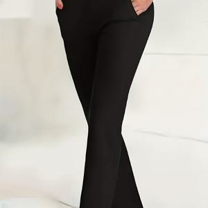 TEMU 여성용 플러스 사이즈 하이웨이스트 레그 캐주얼 팬츠 - 신축성 있는 폴리에스터 혼방, 단색 블랙, 사계절 내내 편안한 착용감