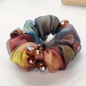 TEMU 우아한 수제 비즈 더블 레이어 헤어 타이 - 여성용 메쉬 플로랄 스크런치, 컬러풀 포니테일 홀더