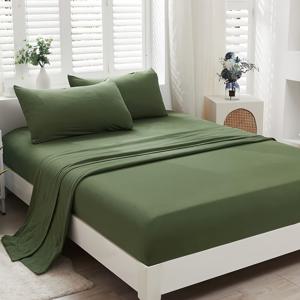 TEMU 4개 세트 85g, 100% 폴리에스터 솔리드 컬러 피트드 시트 세트, 부드럽고 편안한 침구, 침실, 게스트룸, 기숙사용. 피트드 시트 1개 + 플랫 시트 1개 + 베개커버 2개 포함 (베개 미포함)